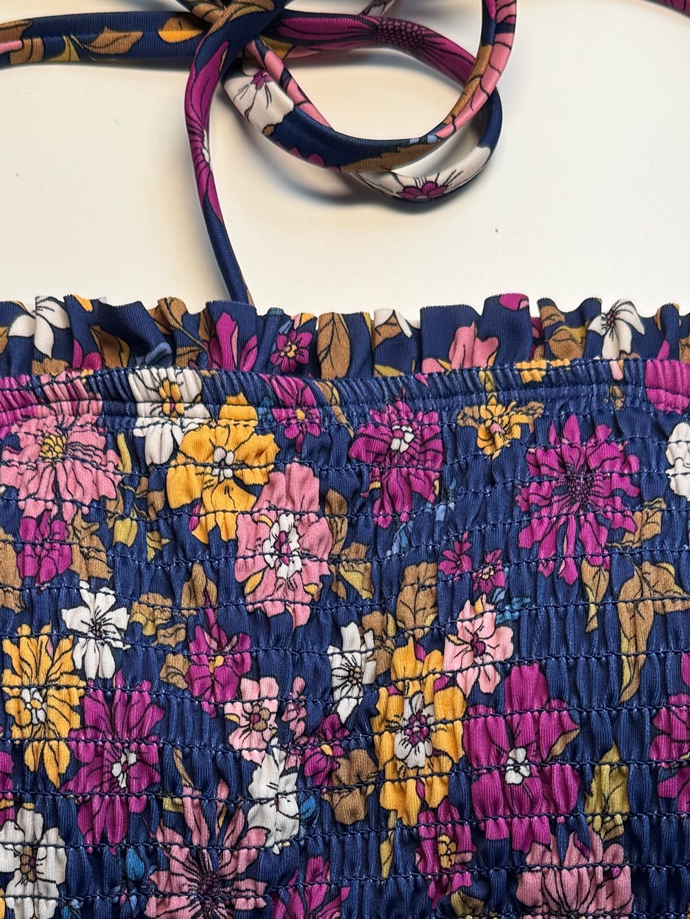 Cupshe Navy Floral Smocked Halter Crop Swim Top with Pink & Yellow Flowers - Picture 6 of 16